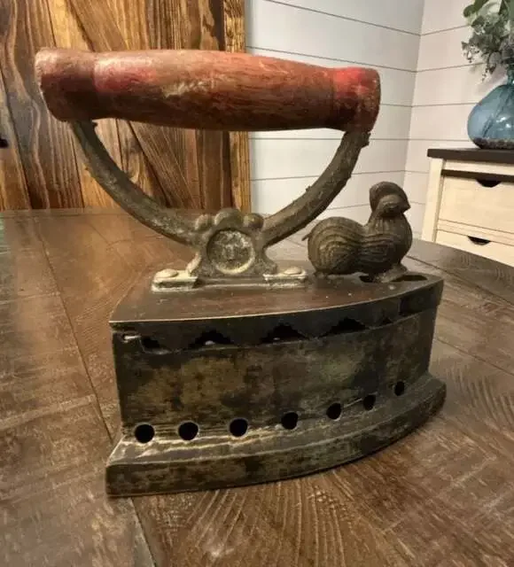 Antique Cast Iron Charcoal Iron with Rooster Latch and Wood Handle