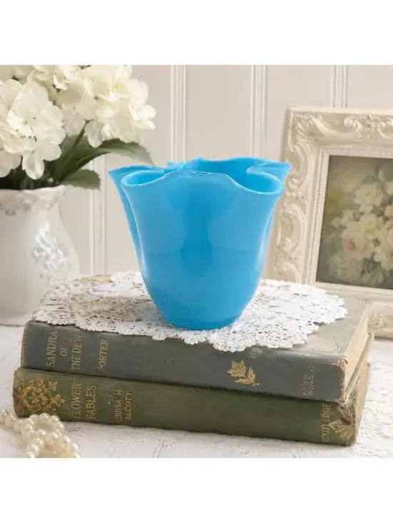 Vintage Fenton Turquoise Blue Opaque Crimped Rim Vase Hand Blown Art Glass 4”