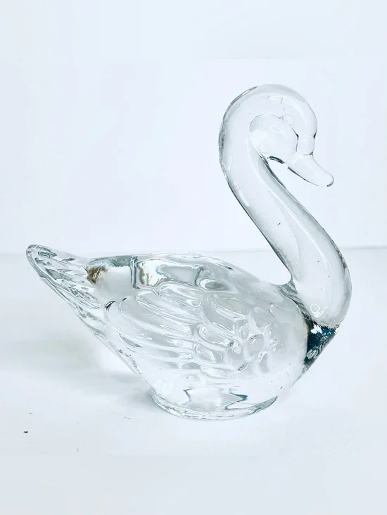 Vintage Clear Art Glass Swan Figurine Heavy Hand Blown Bird Decor 4”