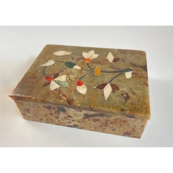 Vintage Inlaid Stone Trinket Box‎ Floral Pietra Dura Mother of Pearl Marble 4x3