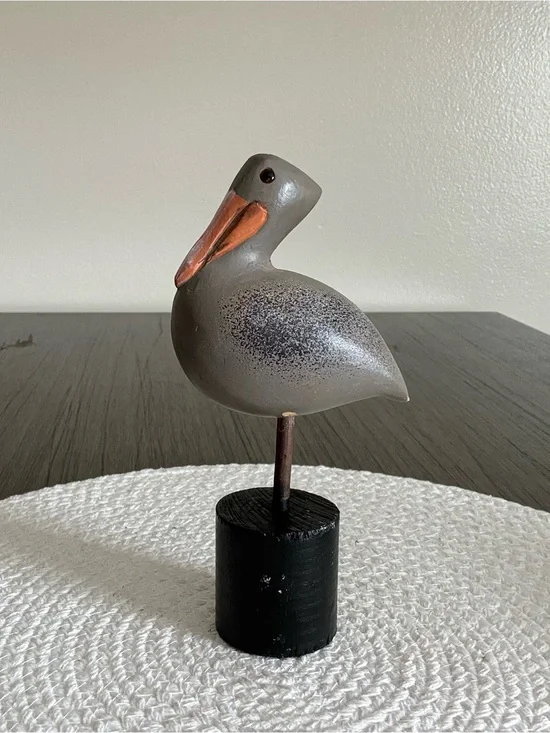 Gray and Orange Hand-Painted Wooden Bird Figurine - Coastal Accent