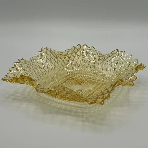 Vintage MCM Amber Yellow Diamond Point Square Pressed Glass Candy Trinket Dish