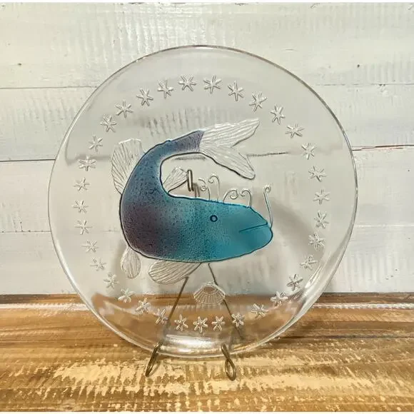 Vintage Walther Glass Germany Blue Catfish Art Glass Plate Nautical 8.75