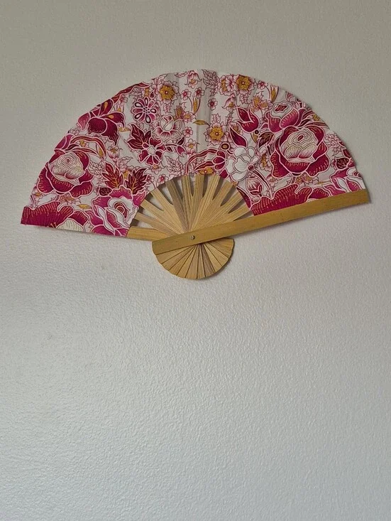 Thai folding fan with a floral fabric pattern on a bamboo frame,home decor