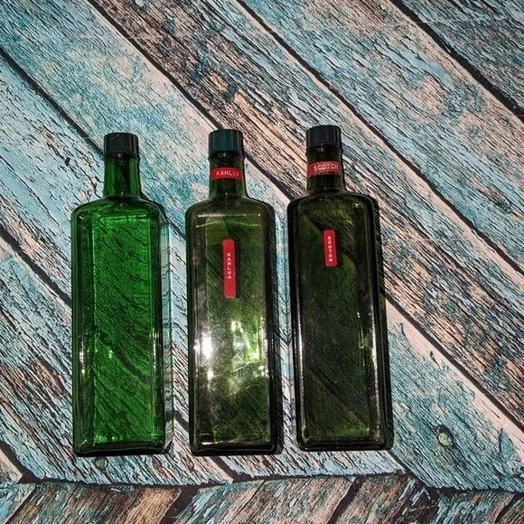 Vintage MCM Green Glass Liquor Bottles‎ Set of 3 Travel Bar Decanters Whiskey