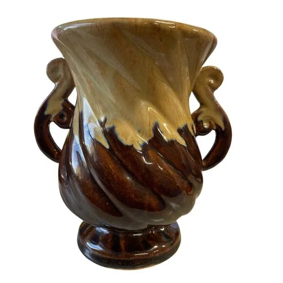 Vintage Brown & Tan Ceramic Vase With Swirled Handles &‎ Drip Glaze Finish