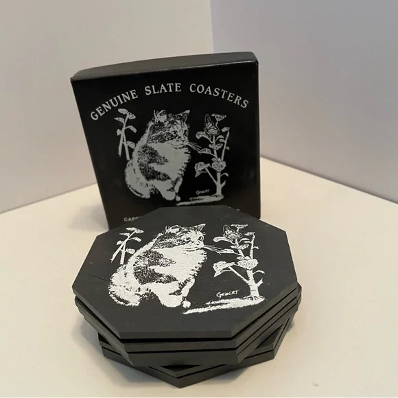 Set of 6 Slate Coasters‎ Cat Butterfly Quarried by Capozzolo Brothers Bangor PA