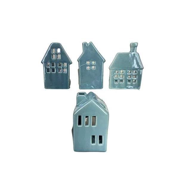 Woodland Wonders Blue Ceramic Candleholders Farmhouse Homes 4 Piece Set‎