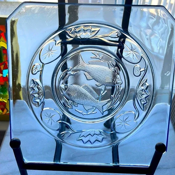 Antique Art Deco Bagley Blue Depression Glass Fish Plate