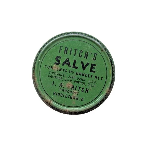 Vintage Fritch's Salve Tin‎ Medicine Container J.A. Fritch Middletown OH Camphor