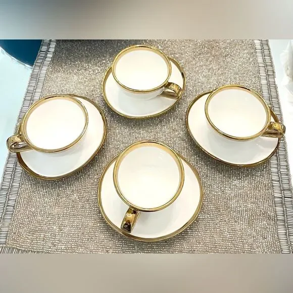 Set of 4 Gold Metallic Porcelain Cup & Saucer
