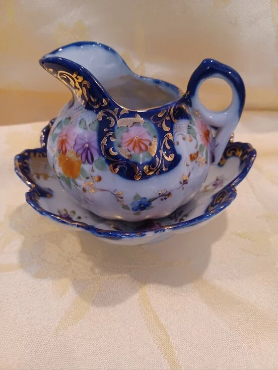 Vintage Porcelain Blue Floral Creamer And Bowl Set