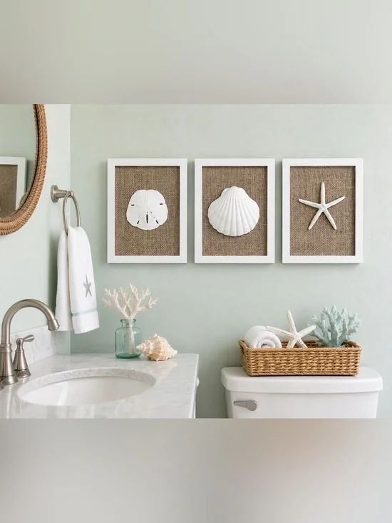 Coastal Seashell Wall Art Set of 3 Framed Beach Decor Burlap Background