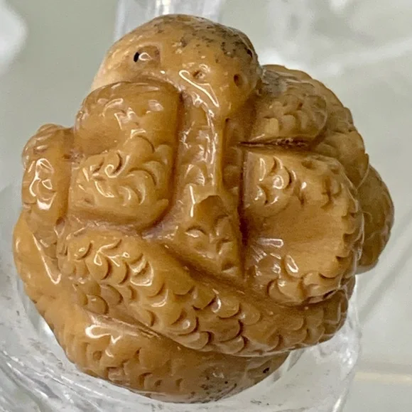 Vintage NETSUKE Carved Tagua Nut Snake Reptile Carving Bead Figurine Japanese