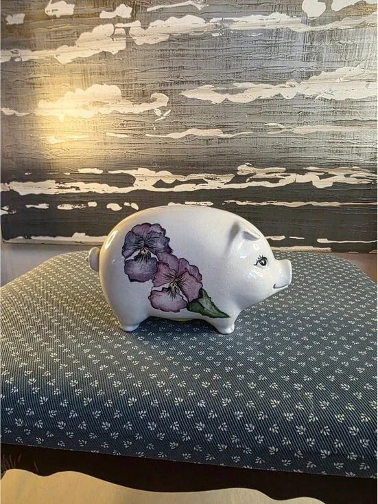 Signed Hand-Painted Ceramic Piggy Bank Purple Pansy Flowers Studio Pottery