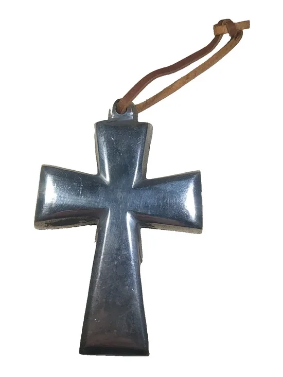 Large Heavy Solid Metal Silver Tone Cross Brutalist Leather Strap