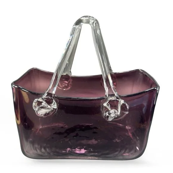 Vintage Amethyst Purple‎ Hand Blown Glass Purse Bowl Dish With Clear Handles VTG