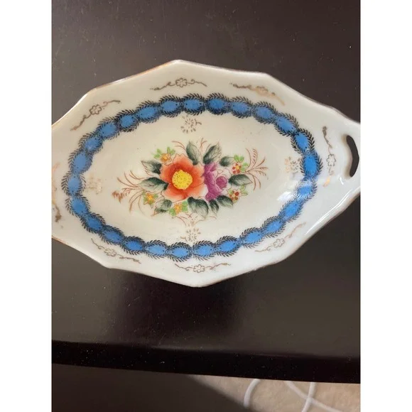 Vintage Occupied Japan‎ Hand Painted Floral Dish Blue Trim Cottagecore Trinket