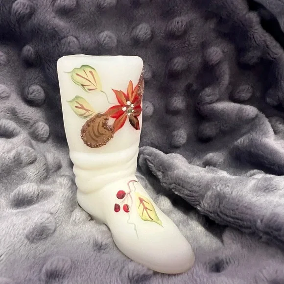 Fenton Art Glass Hand Painted Boot Poinsettia Leaf Signed J Powell 3