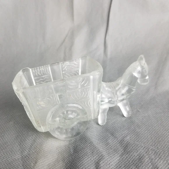 Vintage Clear Glass Donkey Cart Miniature Animal horse 4.75x2 planter candy dish