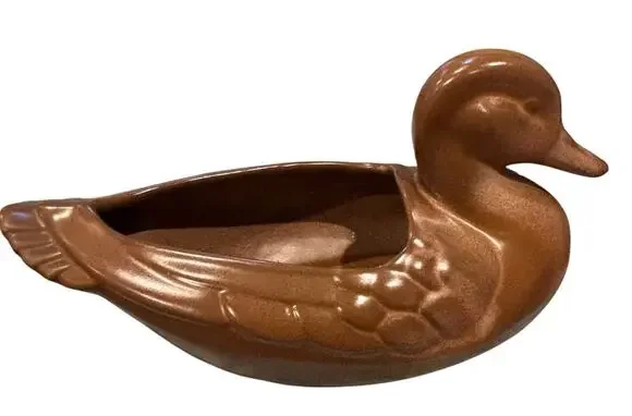 Vintage Art Pottery Planter Mallard Duck Cabin Clay Brown Tan Frankoma 208A 12