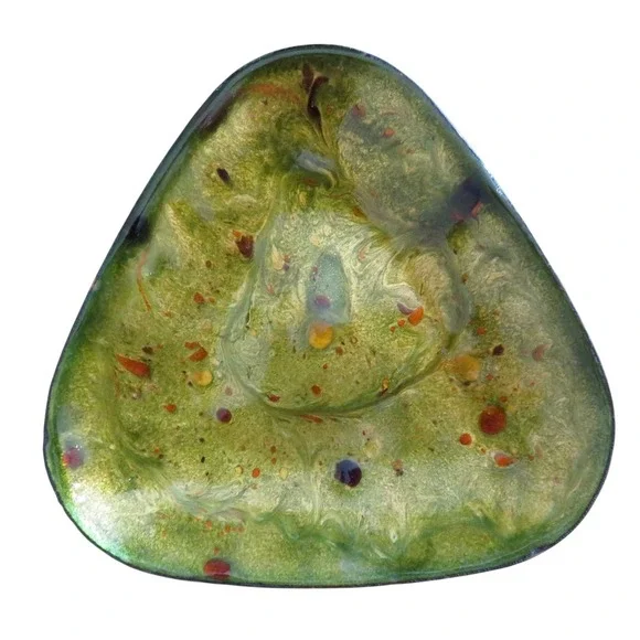 Vintage Mid Century Modern Enamel on Copper Triangular‎ Trinket Dish Green Gold