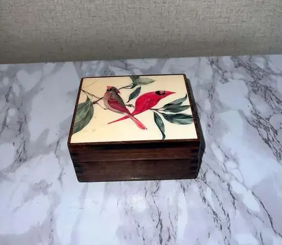 Vintage Reuge Wooden Music Box with Cardinal Tile Lid