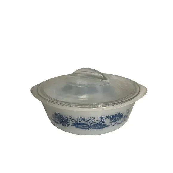 VTG‎ Glasbake White Blue Floral Casserole Dish Oven Safe Lid Serving Bakeware