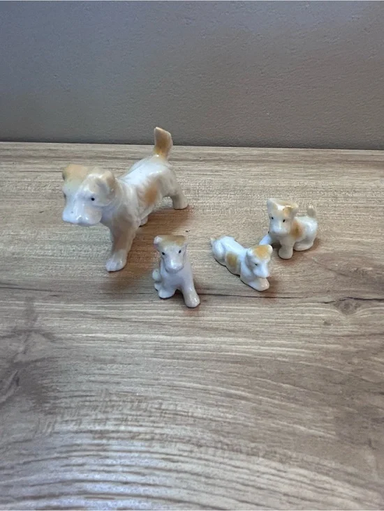 Vintage White and Tan Ceramic Dog Family Figurines