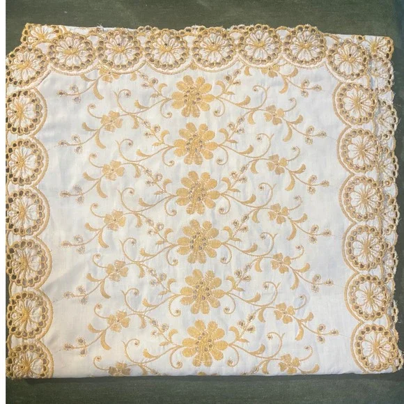 Vtg Embroidered Dresser Scarf Table Runner Ecru Eyelet  16x28 gold Yellow Floral