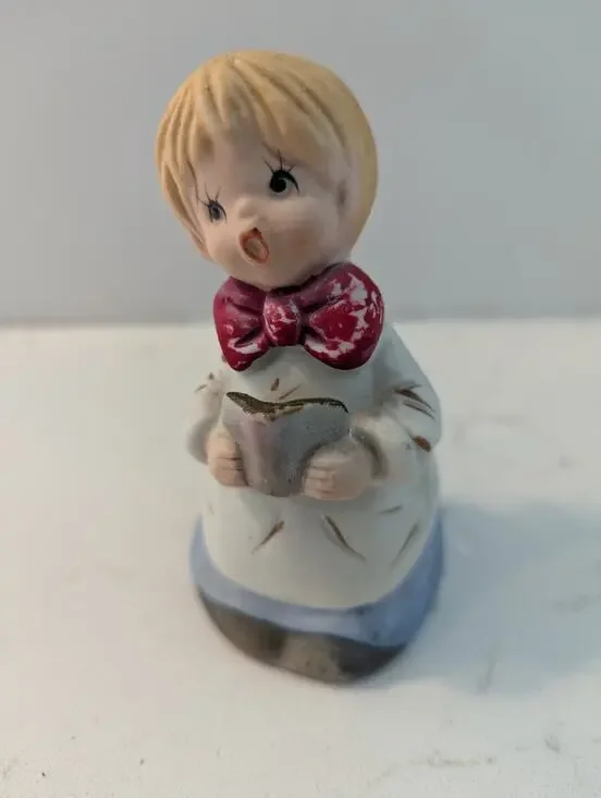 Vtg Porcelain Choir Boy Slingshot In Pocket Red Bow Bell Jasco 1978 Christmas...