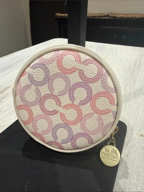 Coach Circular Coin Pouch in Pink, Lavender & Cream Signature Print