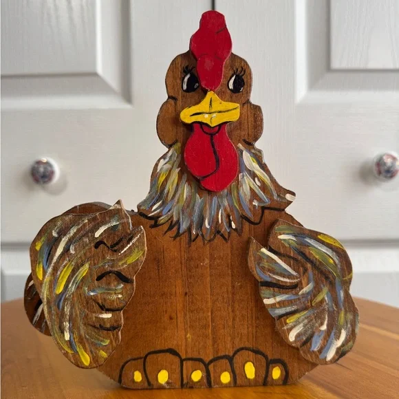 Wooden hand‎ painted rooster chicken folk art