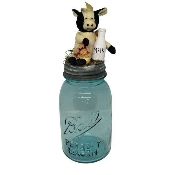 VTG  Ball Perfect‎ Mason Jar Cow & Milk Bottle Topper – Farmhouse Kitchen Décor