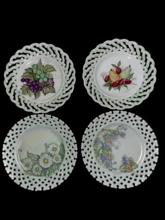 Vintage reticulated 4 milkglass fruit plates  decorative purposes w/ Signature
