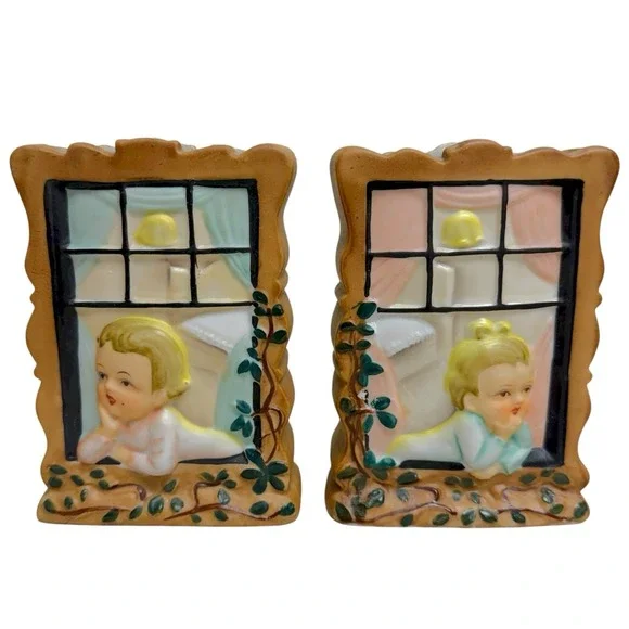 Vintage Matching Pair Wall Pockets Little Boy & Girl in Windows‎ Daydreaming MCM