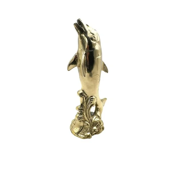 Vintage Solid Brass Dolphin Figurine on Wave‎ Base 8.25