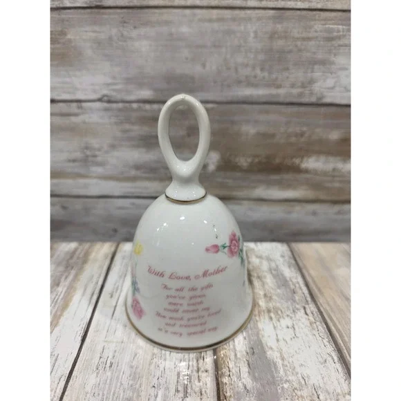 Russ Berrie 4993 Mother Poem Ceramic Bell Floral Accent Gold Trim Musical‎ Gift