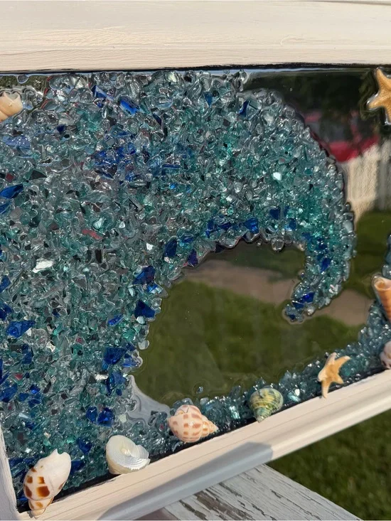 Ocean Wave Mosaic Mirror with Seashell Accents - Aqua & Blue set in Resin