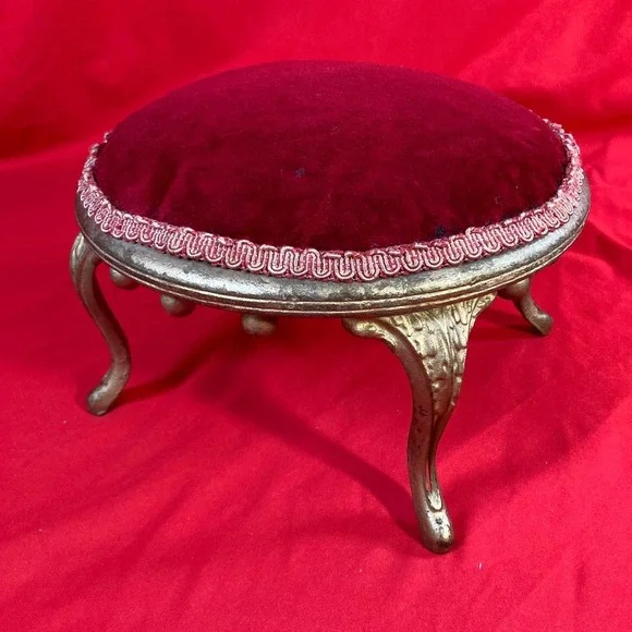 Small Victorian 4 Leg Padded Stool / W/ Ruby Color Velvet Style / Flaws