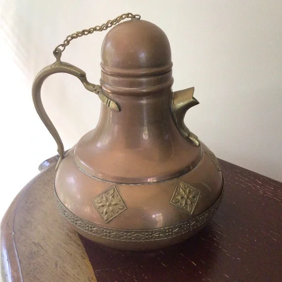 Vintage Copper and Brass Teapot Fish Unique Chain Oddities Decanter
