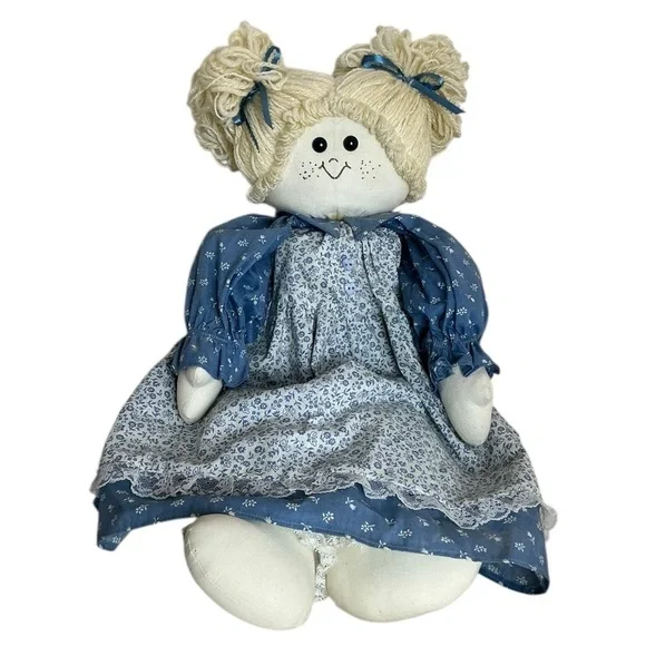 Shelf Sitter Rag Doll Hand Made Yarn Hair  Blue Floral Dress 24 Inch