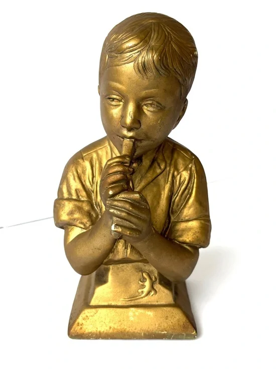1950s Chalkware Esco E. Villanis Gold Music Flute Boy Bust vintage sculpture
