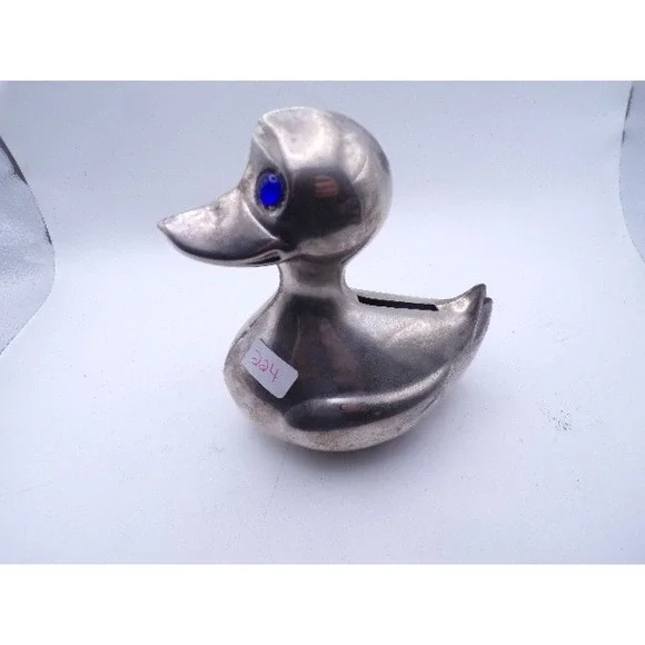 Silver Plate Duck Coin Bank Piggy‎ Bank Blue Eyes Novelty Collectible No Plug