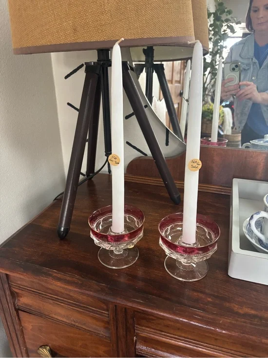 Pair of Clear Glass‎ Candle Holders with Pink Rims