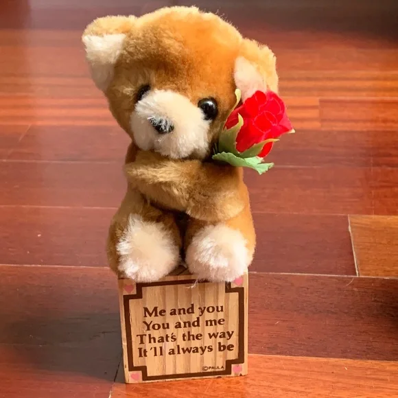 Vintage 1980s Plush Bear one Block With Rose  7” Me And You Lover Gift