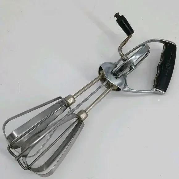 Vintage US Stainless Steel Rotary Egg Beater Hand Crank Mixer Black Handle USA