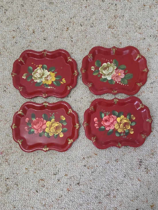 Hand Painted Red Toleware Trays