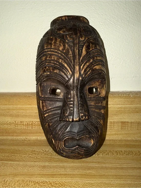 Hand Carved Wood Maori Upoko Head Artisan Wall‎ Decor NZ 10.5