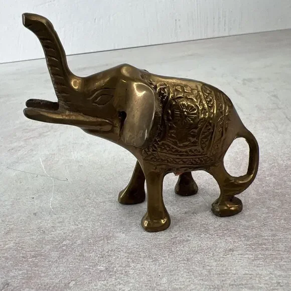 Vintage Small Solid Brass Elephant Raised Trunk Embossed Ornate‎ MCM Figurine